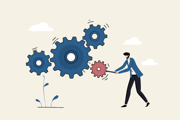 Business work flow, leadership to drive team and initiate productivity and efficiency working process concept, smart businessman manager use all his power and skill to rotate group of cogwheels gear.