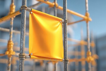 Close-up of a vibrant yellow banner attached to weathered scaffolding, showcasing construction safety and temporary signage against a blurred urban backdrop.