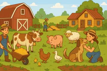 Fototapete Rund Cartoon farm life illustration with cute animals and farmers. Rural countryside landscape with red barn, cow, pig, sheep, chicken and dog. Agriculture vector scene for kids. © Fabian