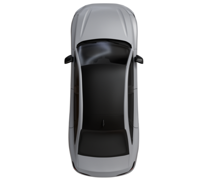 Overhead view of a sleek, silver sedan with a black roof, showcasing its design and features from a bird's-eye perspective against a stark black background. 