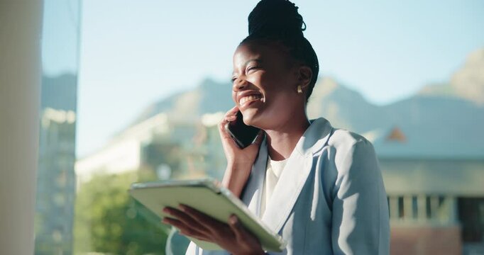 Phone call, happy and black woman on tablet for accounting, economy update or finance report. Consulting, smile or financial advisor talking for advice, research or investment portfolio in business