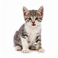 Happy kitten over white background