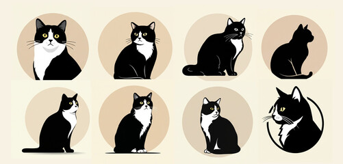 Cat logo vector, minimalist and modern design, black and white colors in round frame