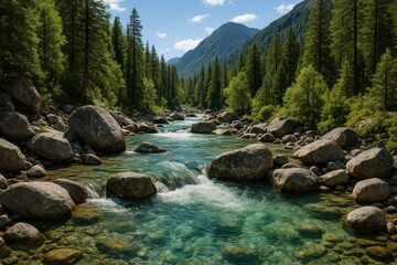 Tranquil mountain stream flowing through pristine wilderness with crystal clear water and natural rock formations in serene landscape