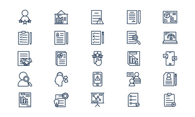 Assessment icon depicting evaluation process, performance review, and checklist analysis in outline style