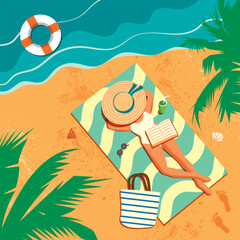 Summer Beach Relaxation. Top View of Woman Sunbathing on Sandy Beach with Book and Cocktail. Flat Vector Illustration.