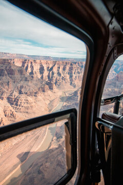 Stunning Aerial View of the Grand Canyon National Park in Arizona from a Helicopter Tour Window