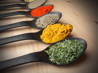 Assorted colorful spices in black spoons on wooden background