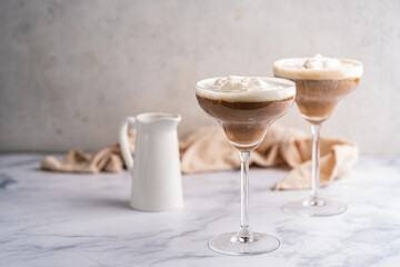Chocolate Truffle Martini glass or espresso Martini Cocktail based on coffee, liqueur and vodka. Alcoholic drink. Space for text. High quality photo