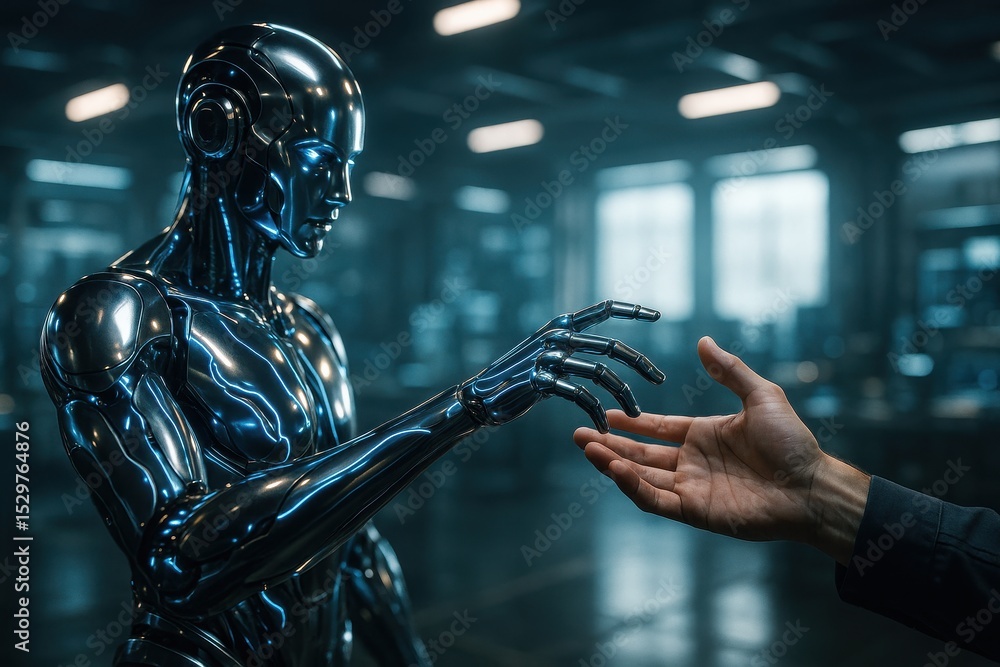 Poster advanced artificial intelligence robot extending metallic hand for historic human-machine cooperatio