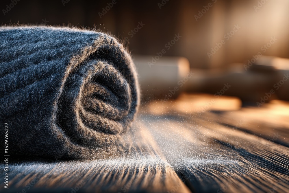 Poster close-up of a rolled-up textured gray fabric on a rustic wooden surface, creating a cozy and invitin