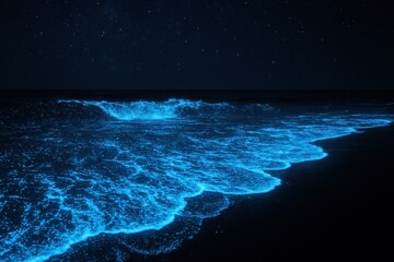 Bioluminescent ocean waves with glowing plankton creating magical blue light phenomenon