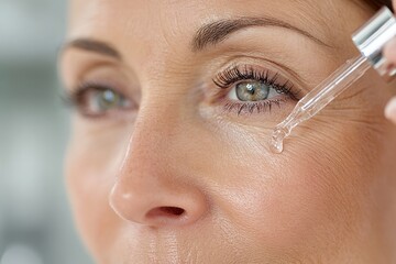 Close-up of a mature woman applying serum under her eye to reduce wrinkles, enhance skin health, and promote a youthful glow with a hydrating anti-aging product.