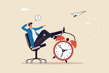 Productivity and efficiency in work, procrastination or time management or project deadline, best performance employee concept, smart relax businessman sitting on alarm clock launching paper airplane.