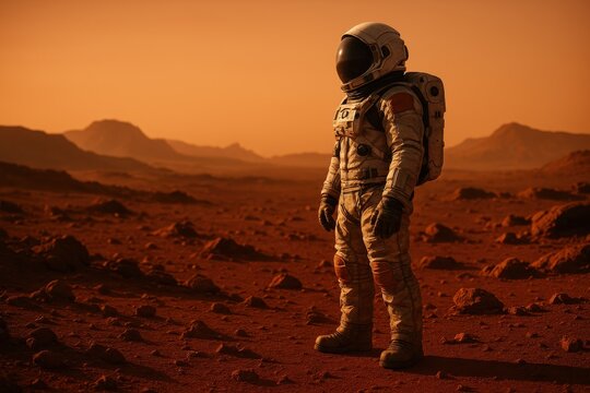 Astronaut explorer on Mars red planet surface with desert landscape and mountain terrain