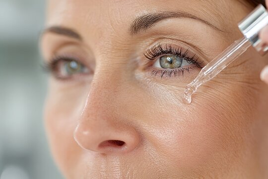 Close-up of a mature woman applying serum under her eye to reduce wrinkles, enhance skin health, and promote a youthful glow with a hydrating anti-aging product. - Powered by Adobe