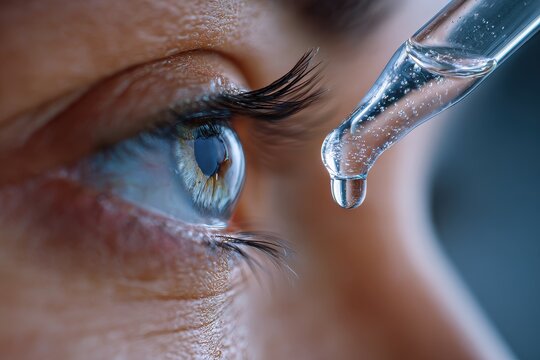 Close-up of a blue eye with a dropper applying eye drops to treat dry eye syndrome, promoting healthy vision and eye care with lubrication and hydration.