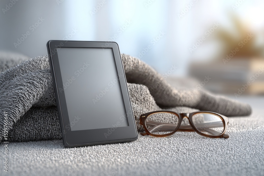 Poster close-up of a tablet and glasses resting on a textured surface, illuminated by soft sunlight in the 