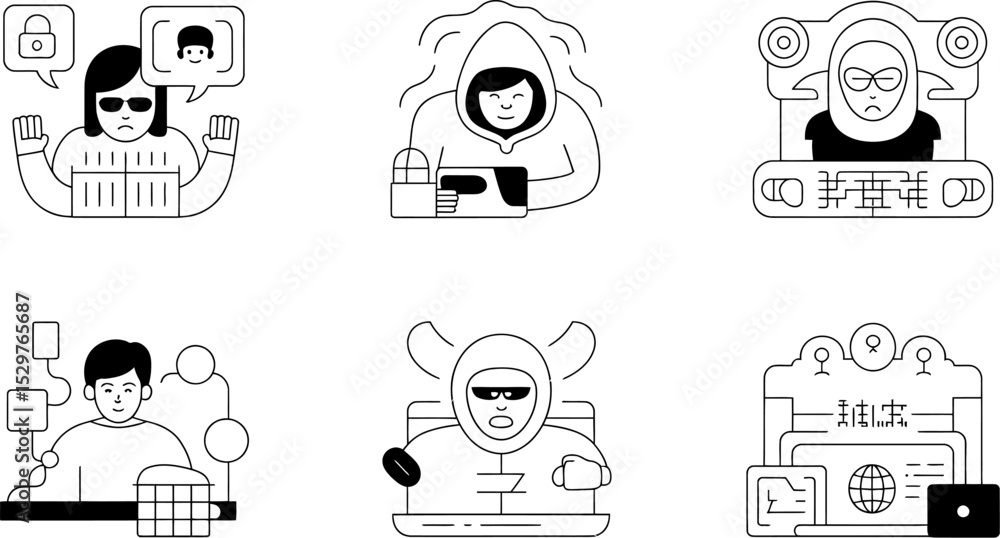 Poster cybersecurity threat vector icons set hacker phishing malware attack data breach protection security