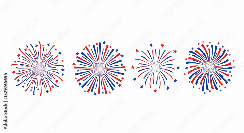 Poster four designed fireworks. each features flowing red and blue lines, alternating colors, and small fiv
