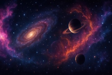 Obraz premium Breathtaking Cosmic Panorama Vibrant Nebulae Swirling Galaxies Distant Planets and Countless Stars in a Multicolored Tapestry of Outer Space Wonders