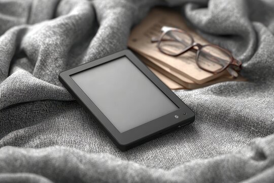 Close-up of an e-reader on a gray blanket, featuring a stack of vintage books and eyeglasses providing a cozy, relaxing reading environment, promoting leisure.