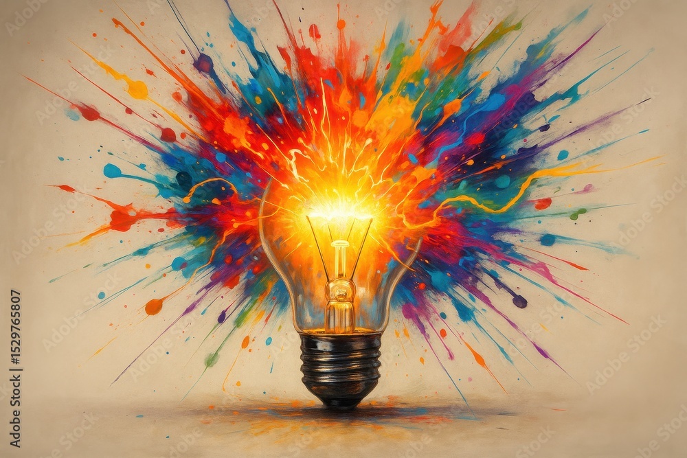 Poster bright idea concept lightbulb exploding with a vibrant burst of colorful paint and energy symbolizin