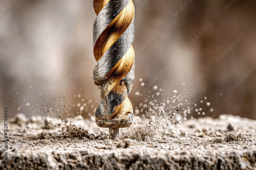 Poster a close-up of a drill bit drilling into a concrete surface, creating a cloud of dust and particles, 