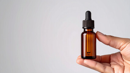 Hand holding amber glass dropper bottle against grey background, minimalist skincare packaging mockup for cosmetic serum, essential oils, beauty product branding, and natural wellness marketing visual