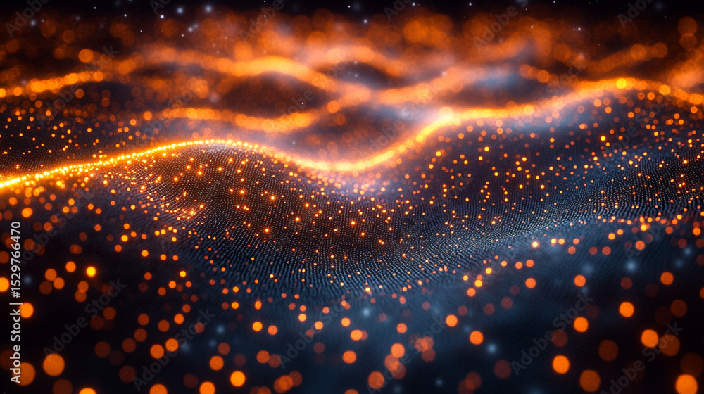 Poster glowing particles wave on dark background with bokeh