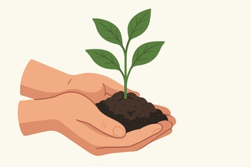 Nurturing hands holding a green sprout with soil. Concept of growth, new life, and hope. Metaphor for environment, sustainability, agriculture, and business startup investment.