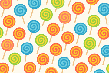 Lollipop seamless pattern. Colorful sweet candy on a stick background. Vector illustration for kids birthday party, textile print, or fun wallpaper. Spiral dessert food design.