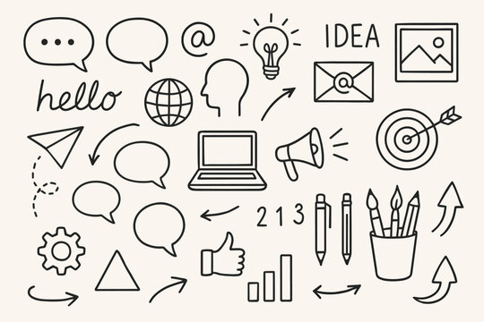 Business doodles vector icon set. Hand drawn sketch elements for marketing, communication, strategy and creative ideas. Social media, office and startup concepts illustration.