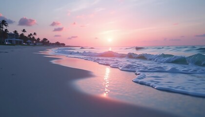 Naklejka premium Beach Sunset Scene with Ocean Waves Reflecting Pink Sky Colors