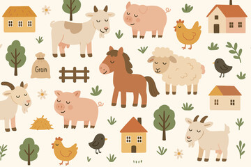 Obraz premium Cute farm animals seamless pattern. Scandinavian style nursery vector background with cartoon horse, pig, sheep, goat, chicken, cow. Kids textile print and wallpaper design.
