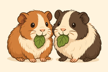 Two adorable guinea pigs eating leaves. Cute kawaii cartoon vector of rodent friends. Chubby fluffy pet animals sharing food. Concept of friendship and companionship. Happy pets.