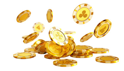 Golden casino chips falling background, gambling chips, poker chips, casino games concept