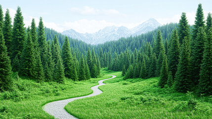 Fototapeta premium A long, narrow path winds through a lush green forest
