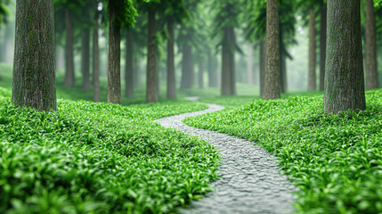 Obraz premium A path through a forest with trees on either side