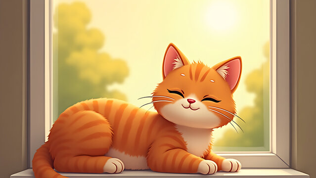 Cute ginger cat relaxing on window sill, enjoying warm sunlight