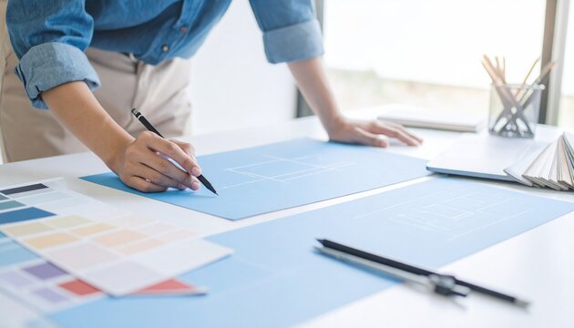 Architect designer Interior creative working hand drawing sketch plan blue print selection material color samples