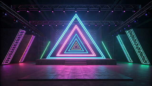 Futuristic stage design with glowing neon triangles and concert lighting for event venue - Powered by Adobe