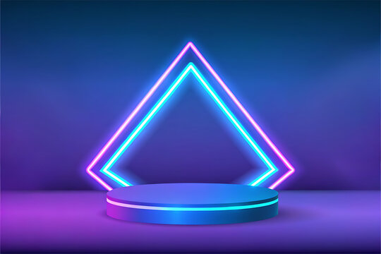 3d render of a neon stage podium with triangle glowing lights for product display