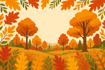 Autumn landscape vector background with a decorative frame of colorful leaves. Fall season illustration of a forest with orange trees and hills. Cartoon nature scene with copy space.