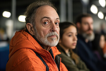 Fototapeta premium A man with a beard and gray hair is wearing an orange jacket