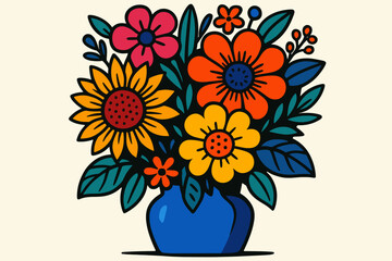 Vibrant floral bouquet in vase. Pop art inspired illustration with retro 70s flowers. Colorful folk art still life graphic. Bold vintage botanical design element for poster or card.