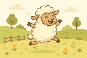 Gordijnen Cute cartoon sheep jumping for joy in a green meadow farm landscape. Happy lamb character frolicking in nature. Playful animal vector illustration for kids. Pastoral summer scene. © Mario