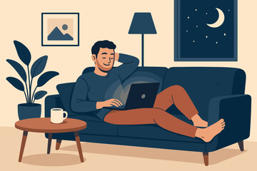 Man relaxing on couch with laptop at night. Cozy home office scene. Freelancer or student working remotely. Concept of comfortable lifestyle, freelance work, and relaxation.