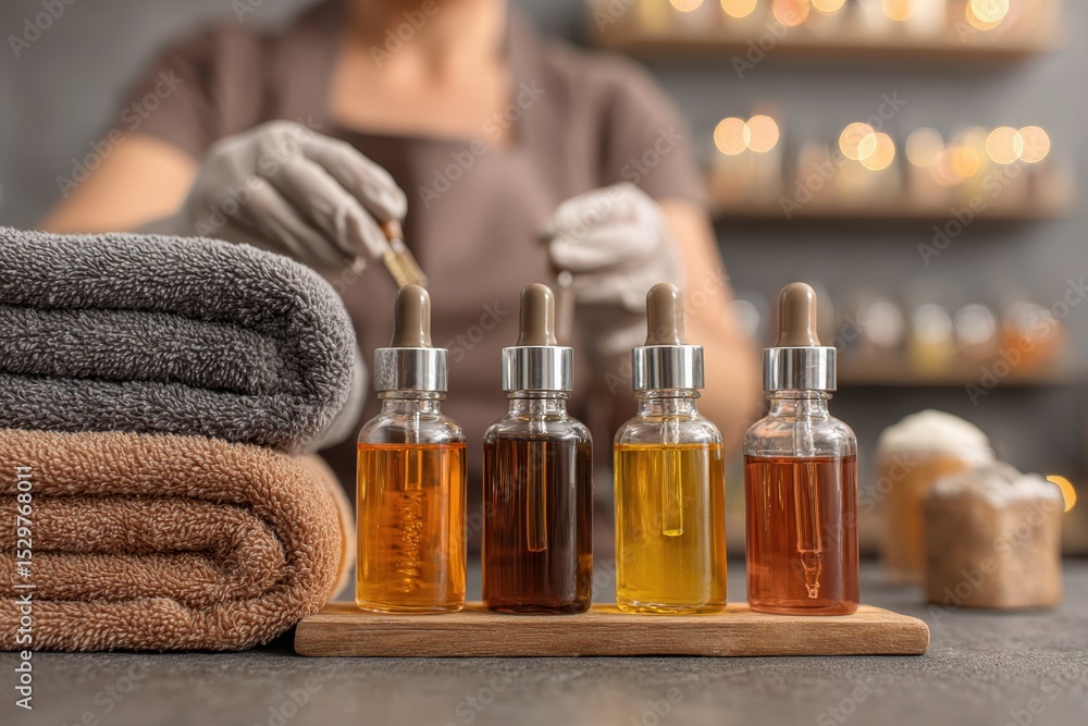 Poster aromatic essential oils in bottles with dropper caps and bath towels creating calming and luxurious 