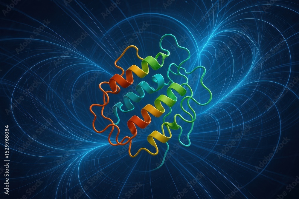 Poster breakthrough in drug development shows protein folding rendered through quantum computing